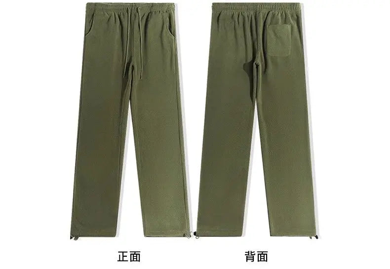 Riolio Double-sided Fleece! Retro Military Green Straight-leg Pants Women Loose Thickened Warm Drawstring Casual Wide-leg Pants Men