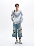 Riolio American Retro Striped Contrasting Color V-neck Long-sleeved Polo Shirt Men Women Loose Casual Bottoming Trendy Tops Aesthetic