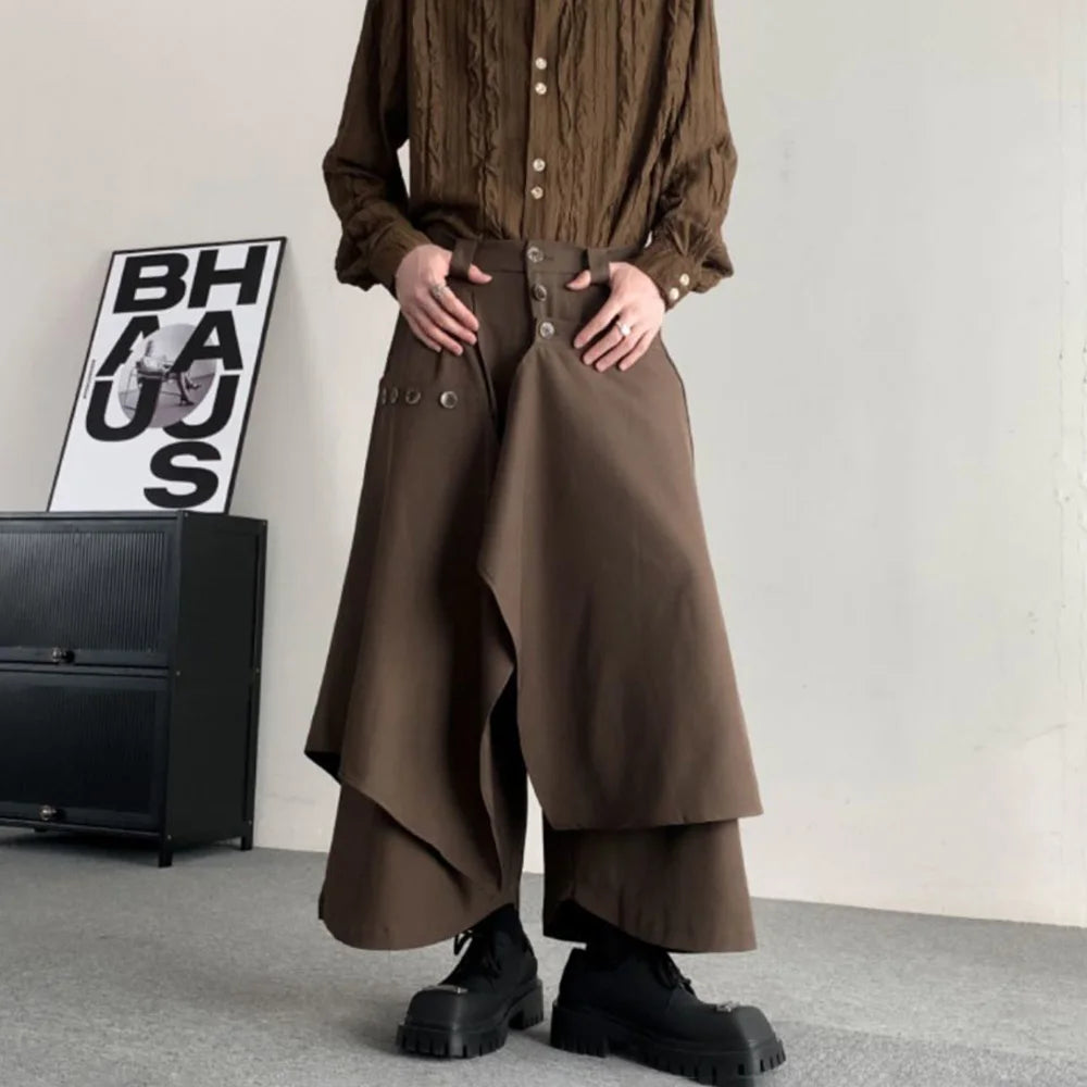Riolio Y2k Double-Layer Irregular Casual Skirt Pants Genderless Japanese Streetwear Side Hem Design Versatile Samurai Skirt Unisex