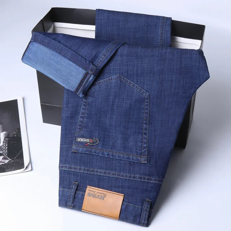 Riolio New Ice Silk Thin Denim Jeans For Men Blue Straight Stretch Cotton Pants Business Casual Lightweight Trousers Spring Summer