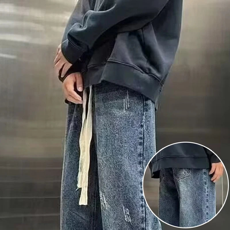 Riolio Men's Baggy Straight Leg Wide Leg Denim Pants Trend Concise Style Streetwear Trousers Daily Lace Up Design Hot Sale Jeans Male