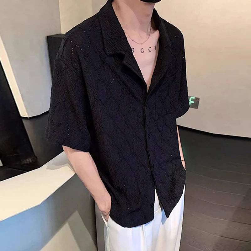 Riolio Summer Men's Clothing Light Luxury Jacquarded Suit Collar Shirts Streetwear Button-down Short Sleeve Retro Leisure Fashion M-3XL