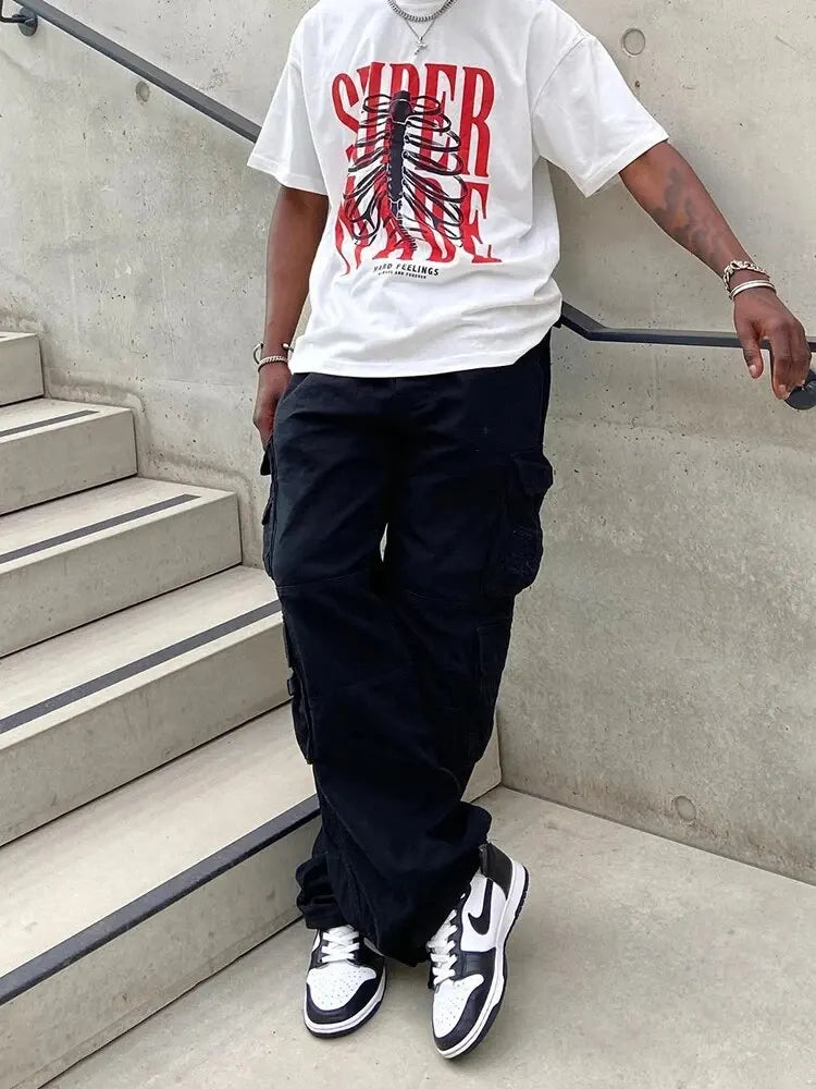 Riolio Cargo Pants Men New Trendy Black Baggy Fit Long Pantalones Tipo Cargo Homme Y2K Fashion Comfy Loose Casual Trousers Streetwear