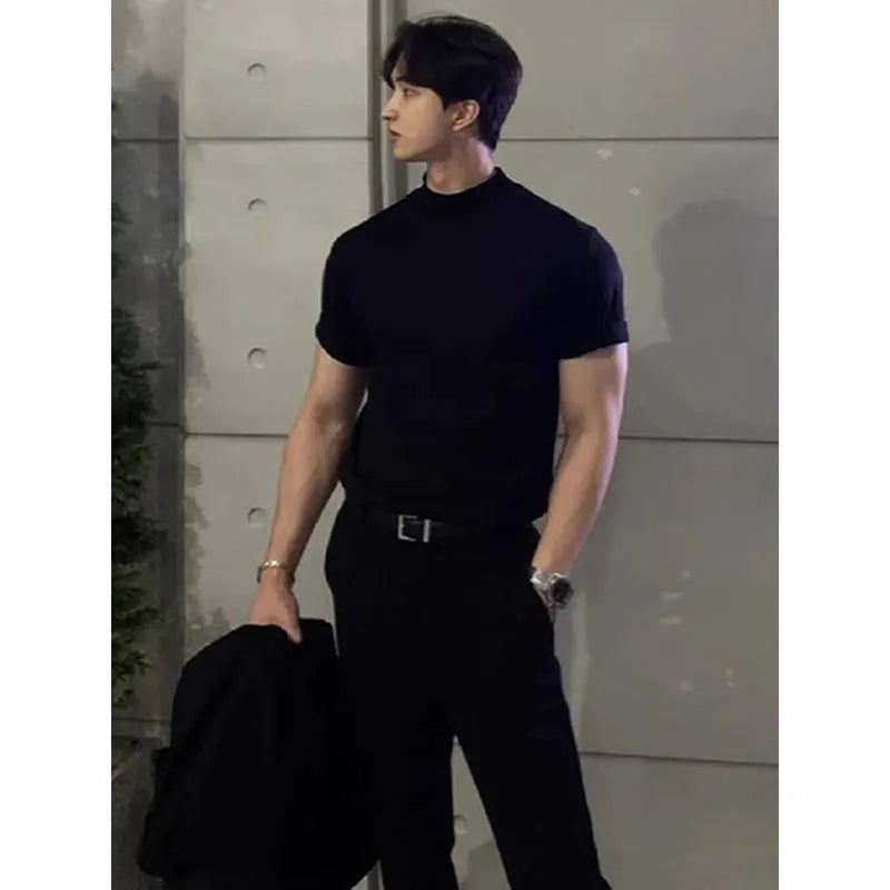 Riolio Men's Summer T-shirt Small Neckline Slim Short Sleeves Muscle-looking Suit Inner Wear Foreign Trade Cross-border Wholesale