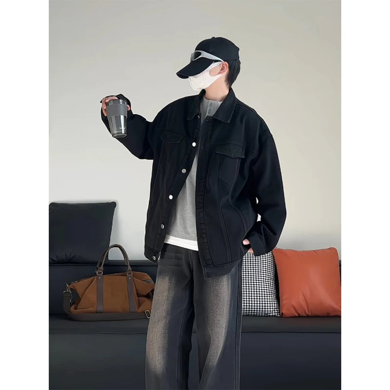 Riolio Spring Black Denim Jacket Men Fashion Retro Pocket Denim Jackets Men Streetwear Hip-hop Loose Bomber Jacket Mens Cowboy Coat