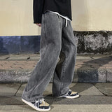 Riolio Korean Fashion Men's Baggy Jeans Elastic Waist  Classic olid Color Straight-leg Denim Wide-leg Pants Male Light Blue Grey Black