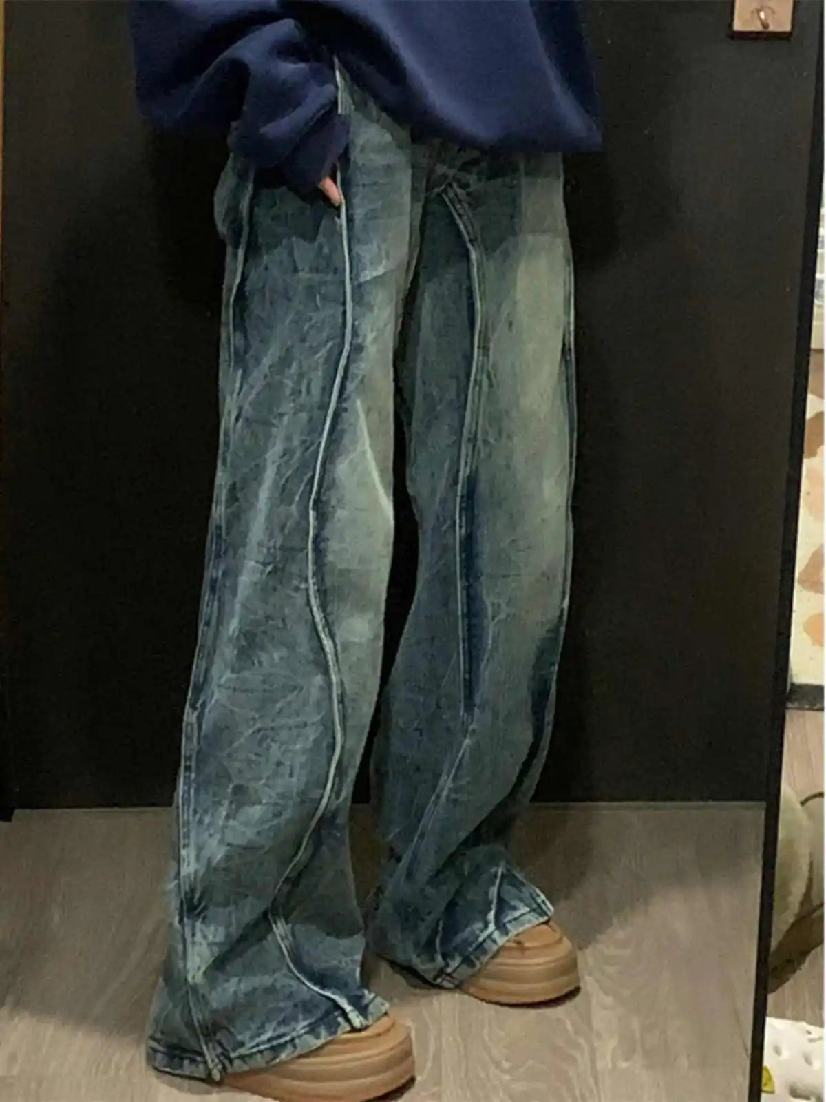 Riolio American Decosition Splicing Retro Blue Denim Pants High Street Hiphop Design Straight Leg Jeans for Teenagers Spring Season