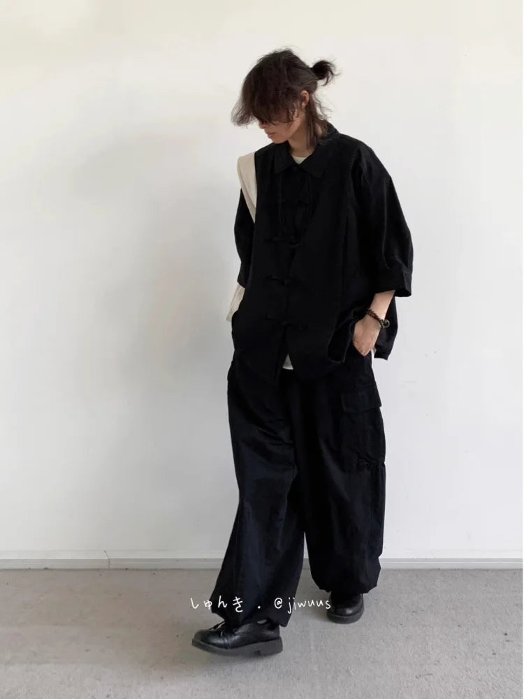 Riolio New Summer New Chinese Style Retro Tang Suit Solid Color Short-sleeved Shirt Men Women Casual Loose Buttoned Chinese Style Shirt