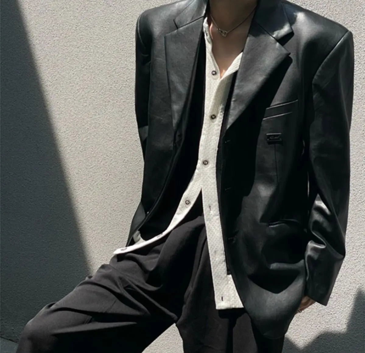 Riolio American Leather Jacket Retro Outfit Handsome High-end Men's Niche Shoulder Pad Suit Black PU Leather Jacket Chic Streetwear