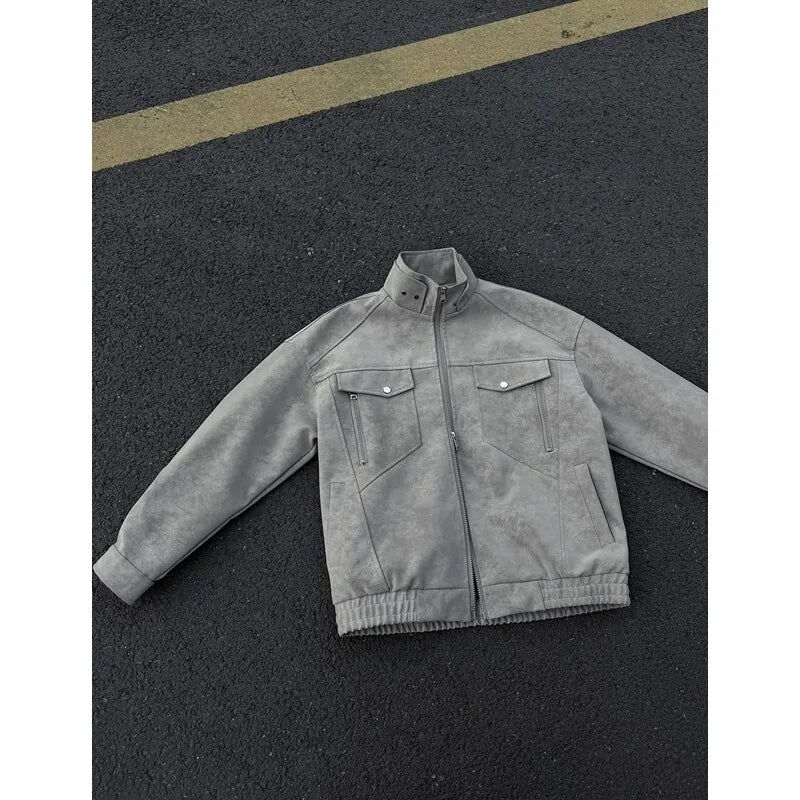 Riolio Mens Short Stand Collar Motorcycle Jacket Patchwork Cargo Biker Coat Spring Outdoor Riding Fashion Streetwear Urban Trendy