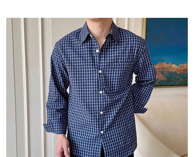 Riolio  New American Retro Men Shirts Light Luxury Textured Lapel Plaid Long Sleeve Cardigan Leisure Trendy Premium Check Blouse M-2XL