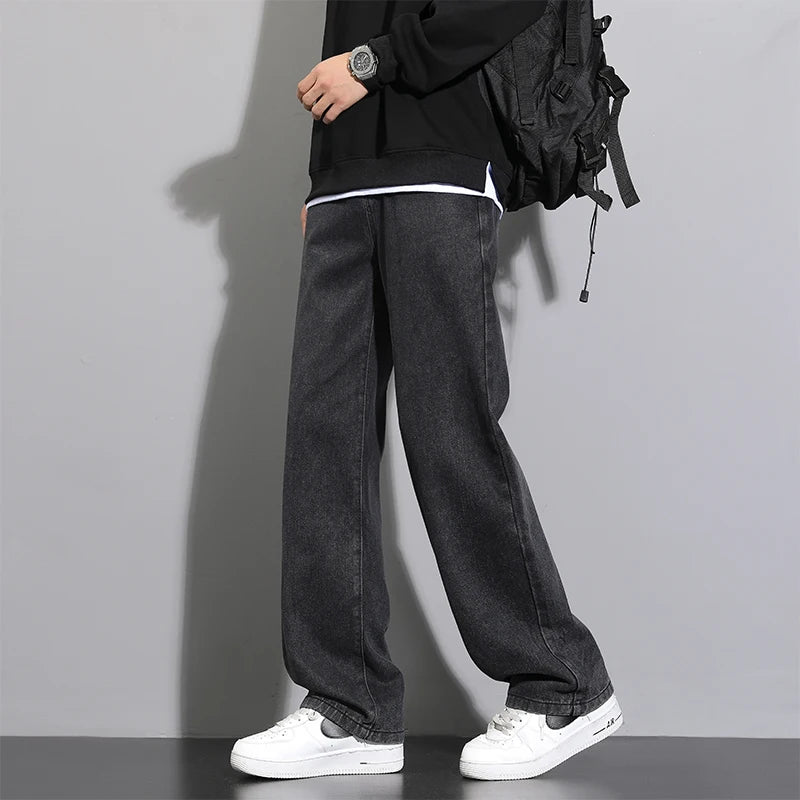 Riolio New Korean Men's Casual Long Jeans Classic Man Straight Denim Wide-leg Pants Solid Color Light Blue Grey Black