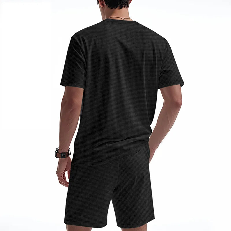 Riolio 2025 Summer Simplicity Men's Suit Loose Walf Checks Fabric Breathable Comfort and Casual Short Sleeve Shorts Two-Piece Suit