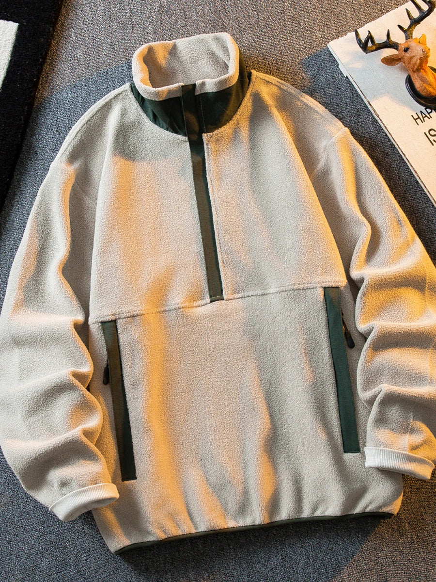Riolio Korean Casual Heavy Half Zipper Sweatshirt Fleece Jacket Men Autumn Winter Warmth Thicken Men Aesthetic Academy Chic Streetwear