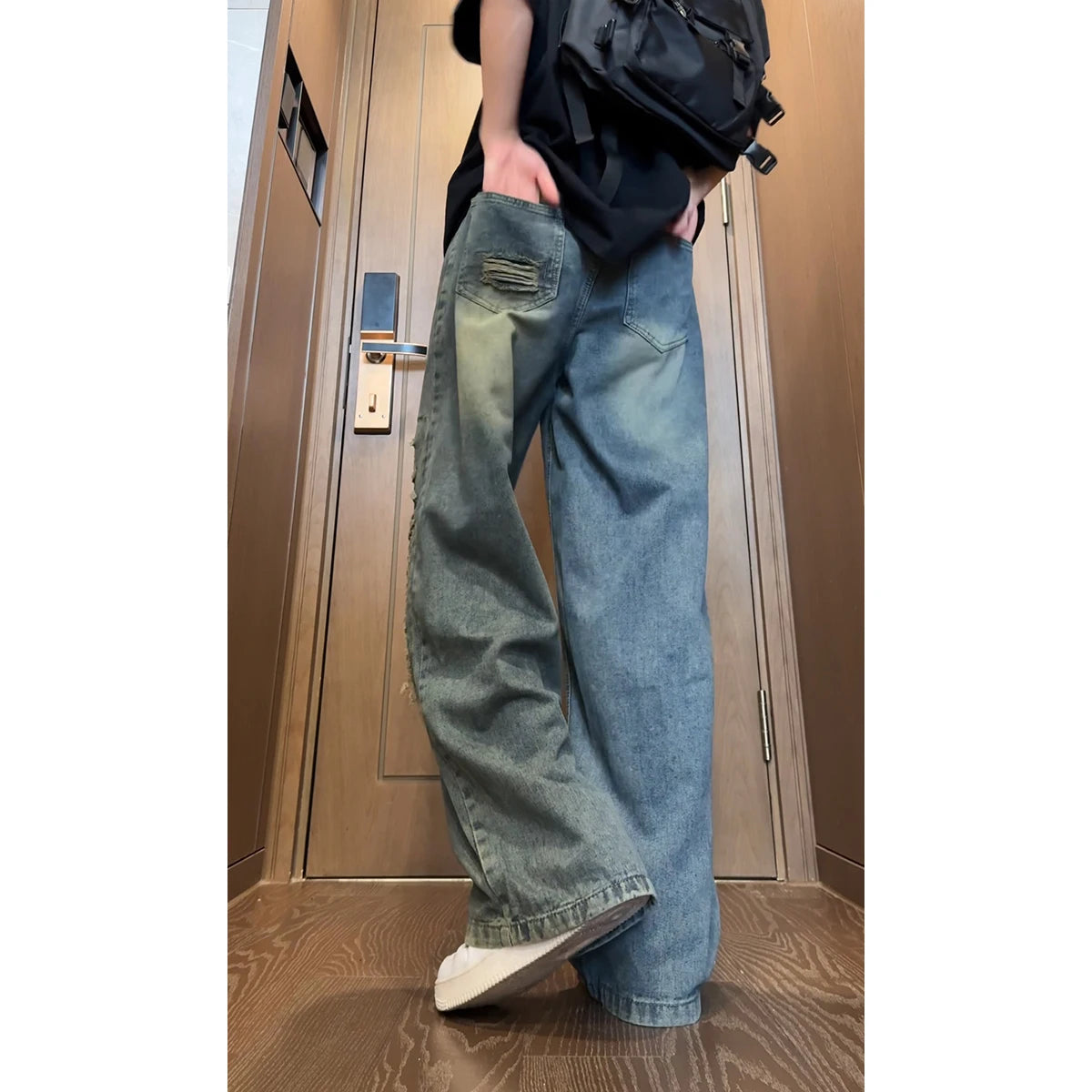 Riolio Beggar jeans men Vintage Streetwear Ripped Hole Jeans Men Women Harajuku Aesthetic Wide Leg Denim Trousers Unisex Straight Pants