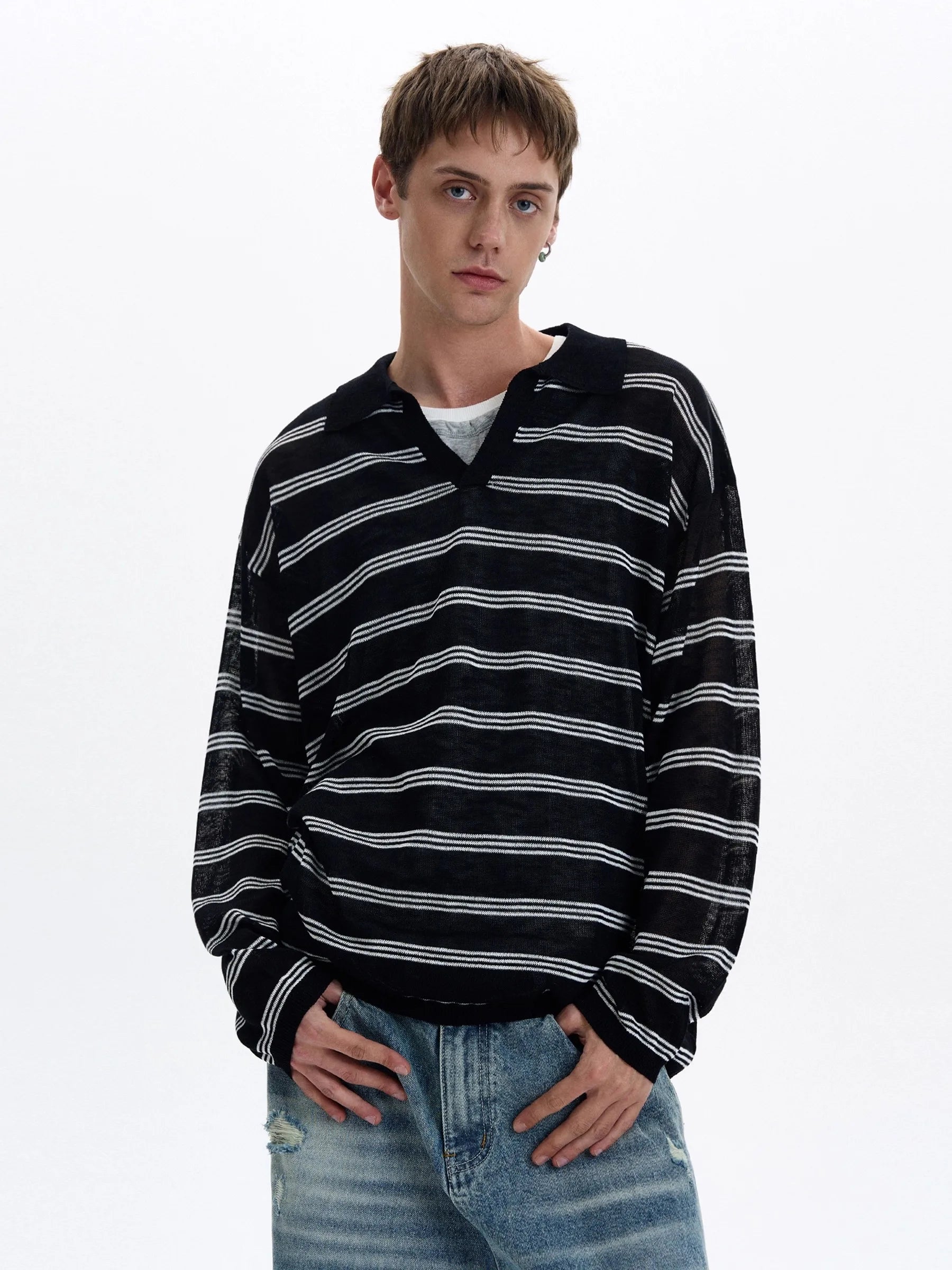 Riolio American Retro Striped Contrasting Color V-neck Long-sleeved Polo Shirt Men Women Loose Casual Bottoming Trendy Tops Aesthetic