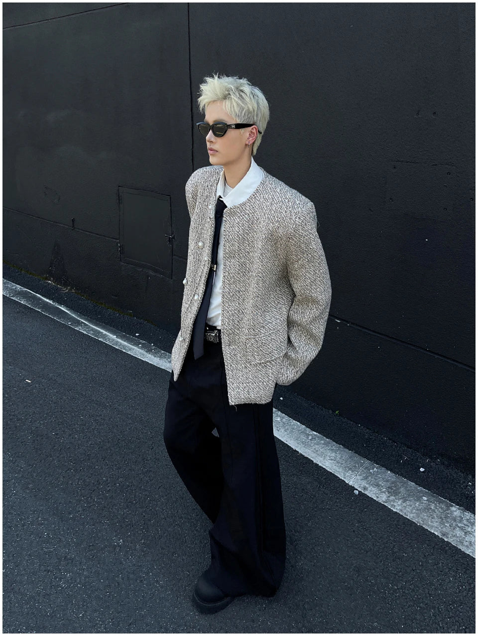 Riolio Male Elegant O-neck Blazer Coat High-end Shoulder Pad Collarless Jacket American Autumn Button Short Suit Jacket Handsome Top