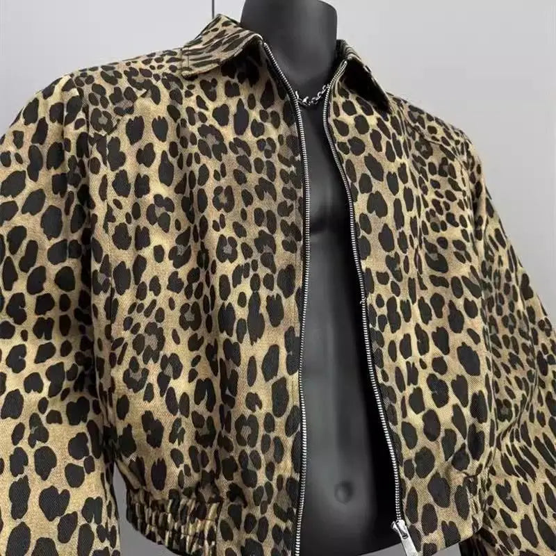 Riolio American Retro Leopard Print Jacket Men's Korean Style Style High-end Handsome Short Jacket Trendy High Street Style Denim Top