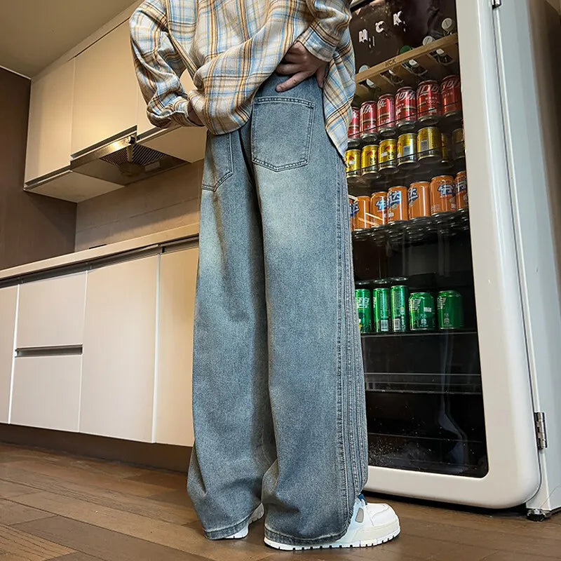 Riolio Jeans Men Denim Pants Elastic waist pull rope Straight Droop Vintage Loose Bottom Straight Wide Leg Casual Male Trouser