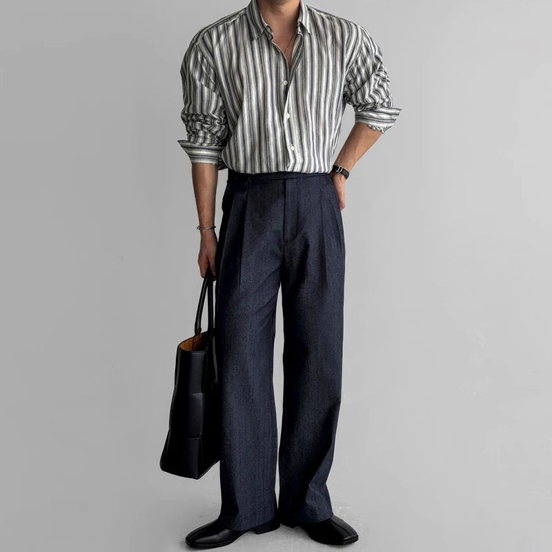 Riolio New Naples Business Men Shirts Light Luxury Textured Lapel Striped Long Sleeve Cardigan Leisure Premium Commuter Blouse M-2XL