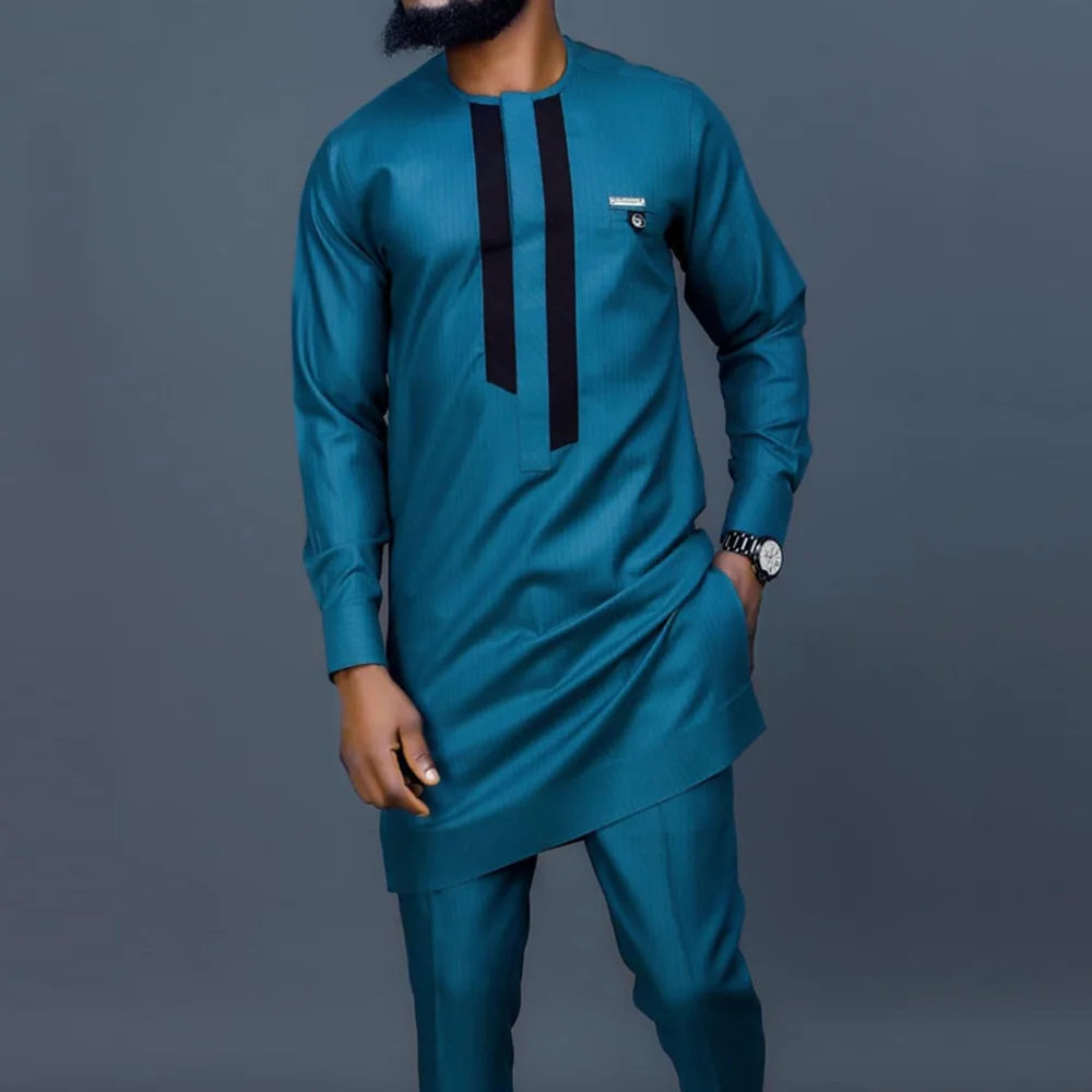 Riolio Summer African Men's Traditional Elegant Suits Outfit Dashiki 2Pcs Shirt & Pants Full Set Designer Clothes Abaya Brand Costume