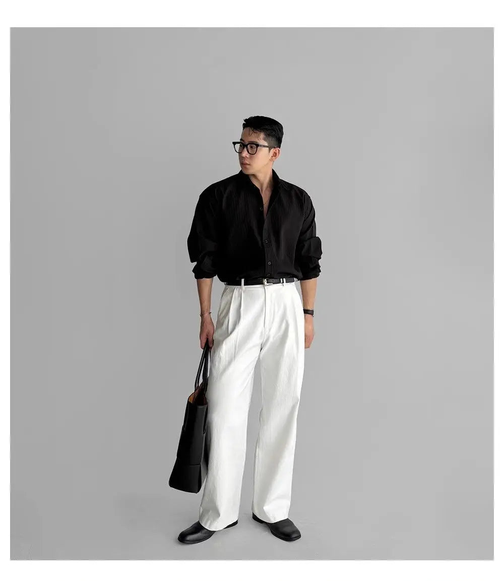 Riolio Lapel Pit Stripe Texture Long Sleeve Shirt Men's Casual Business Shirt High-end Drapery Light Versatile Top Male Blouse