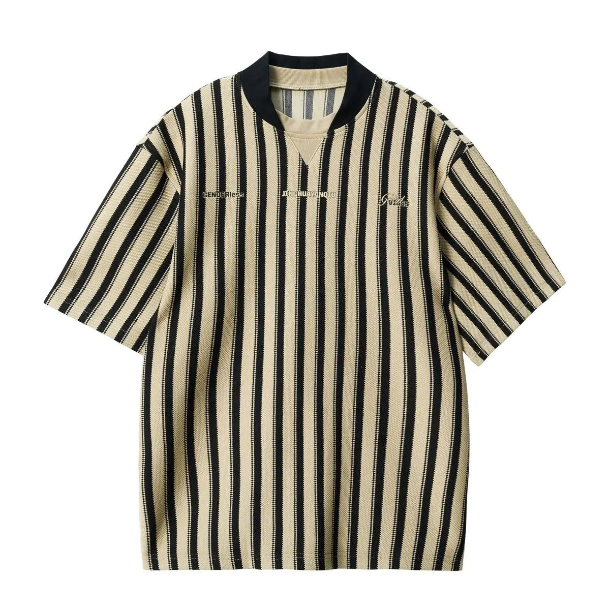 Riolio Preppy Retro Shirt Double-paired V-neck Striped Short-sleeved T-shirt Loose Casual Embroidered Letter Printed Shirt