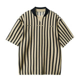 Riolio Preppy Retro Shirt Double-paired V-neck Striped Short-sleeved T-shirt Loose Casual Embroidered Letter Printed Shirt