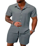Riolio Spring and summer Europe and the United States new men's striped jacquard beach suit loose shorts shirt