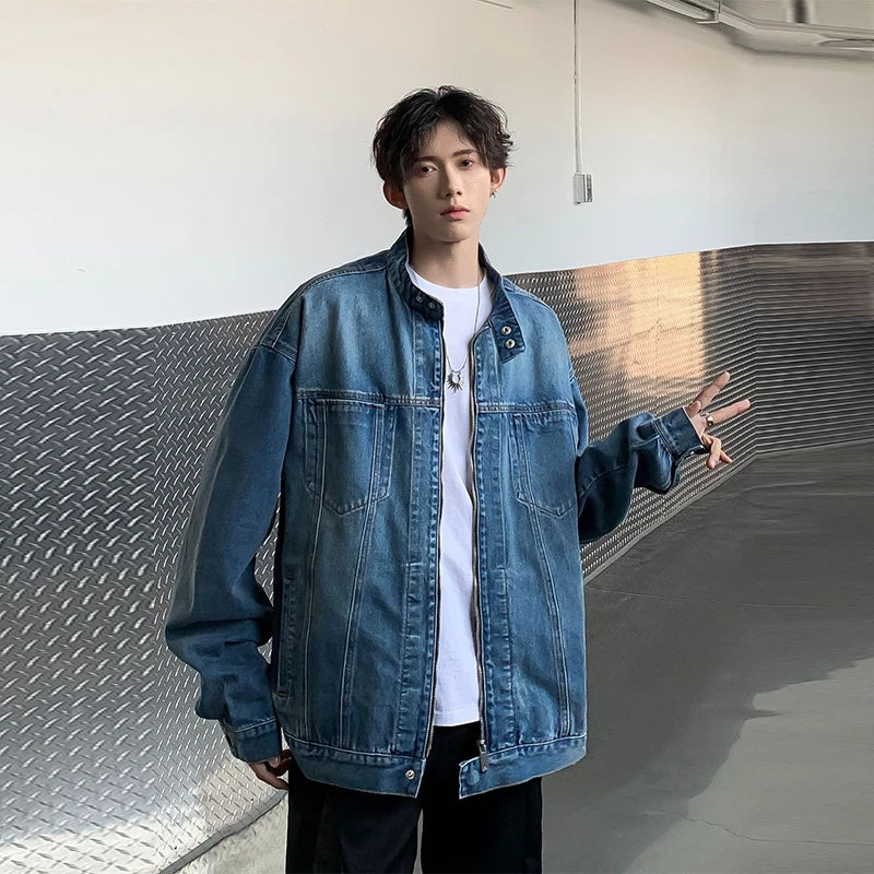 Riolio New High Street Men's Zip-up Denim Jackets Casual Washed Streetwear Stand Collar Texture Korean Harajuku Retro Long Sleeve Coats