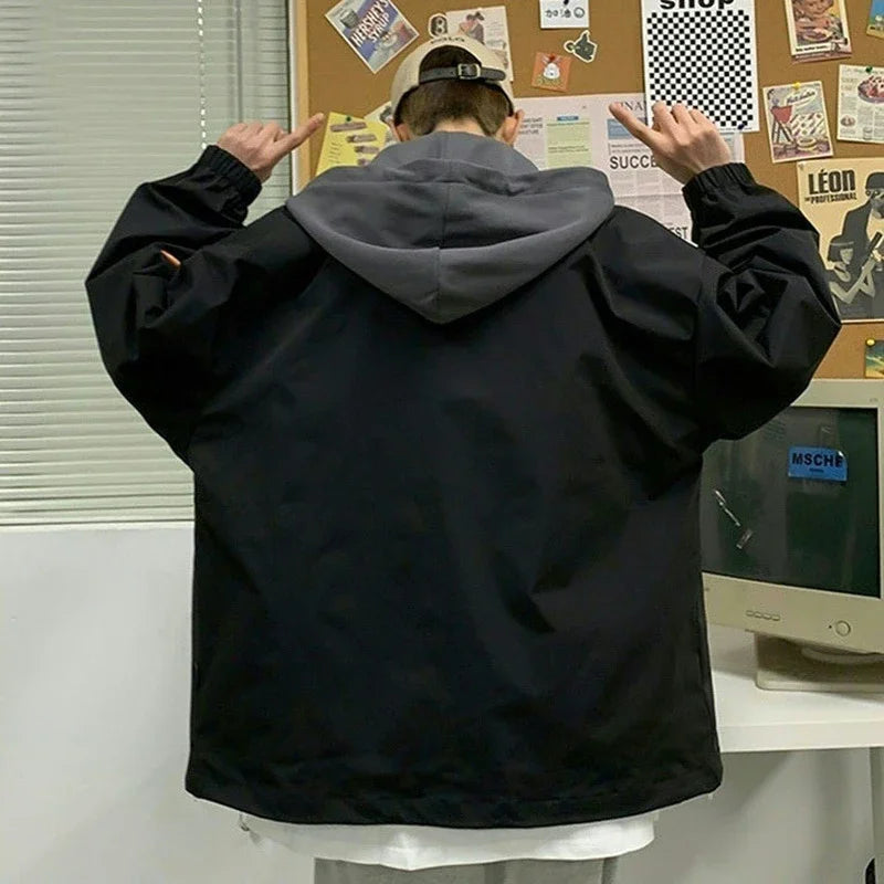 Riolio Hooded Cargo Jackets Men Autumn Fake Two Pieces Zipper Coats College Oversize Baggy Streetwear Ins Baseball Windbreaker Classic