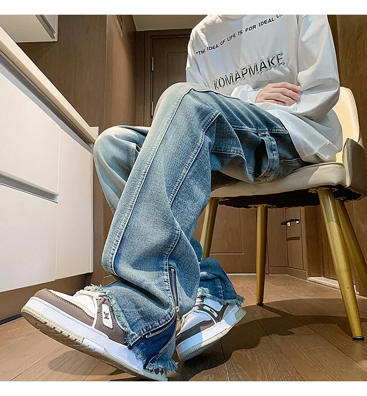 Riolio Men's jeans fashion Side Zipper Pants New Fashion men streetwear Jeans Loose Straight Denim Pant Mens  jeans homme hip hop
