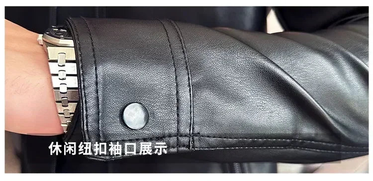 Riolio Windproof Stand Collar Zipper Cardigan Leather Jacket Motorcycle Leather Coat PU Leather Business Leather Jackets Men's Fashion
