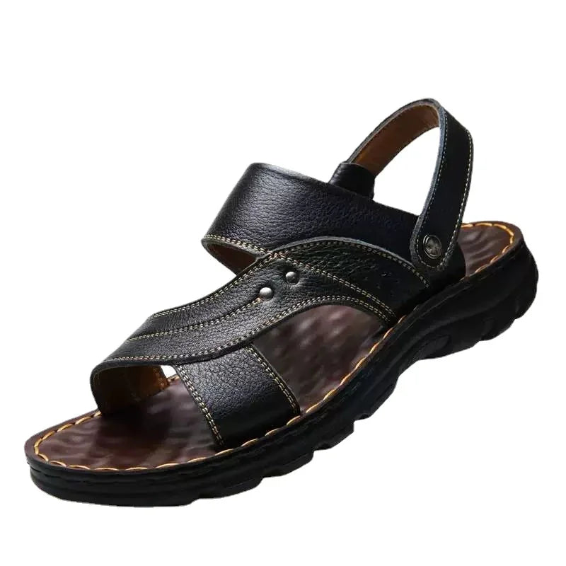 Riolio Men's Summer New Sandals and Slippers Men's Leather Sandals Adult Thick-soled Beach Shoes Non-slip Open-toe Leather Sandals