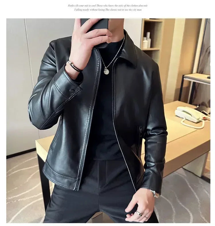 Riolio Windproof Stand Collar Zipper Cardigan Leather Jacket Motorcycle Leather Coat PU Leather Business Leather Jackets Men's Fashion