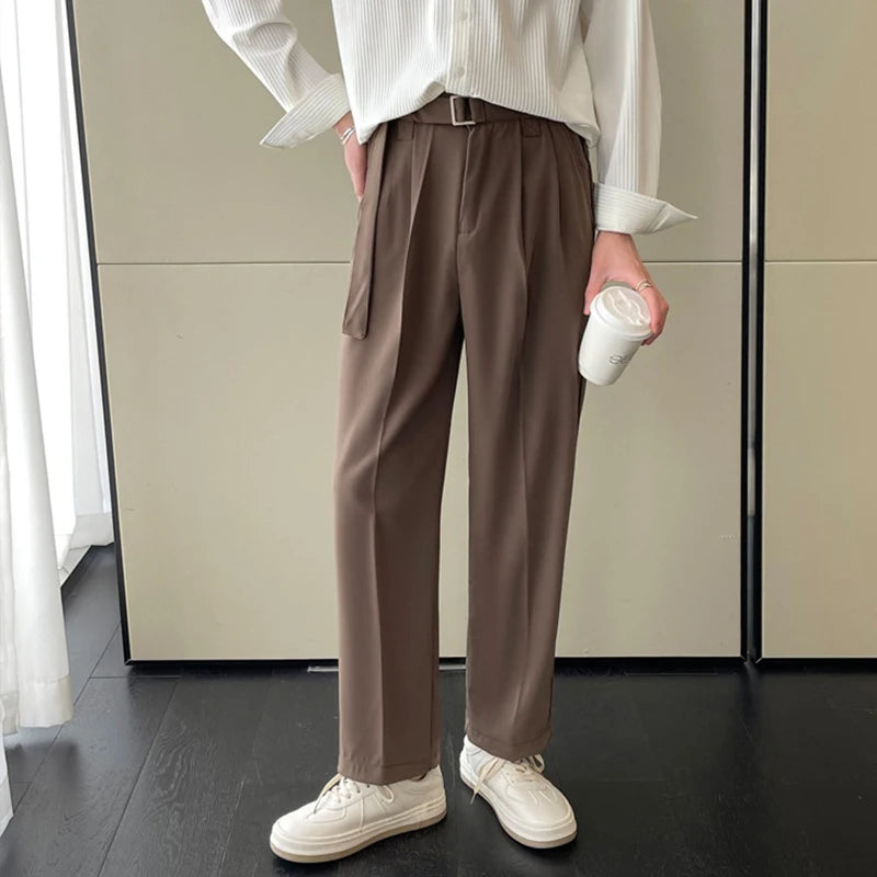 Riolio Men's Clothing Luxury Draped Baggy Belt Suit Pants Leisure Button-down Solid Color Straight Premium Elegant Dress Pants S-3XL