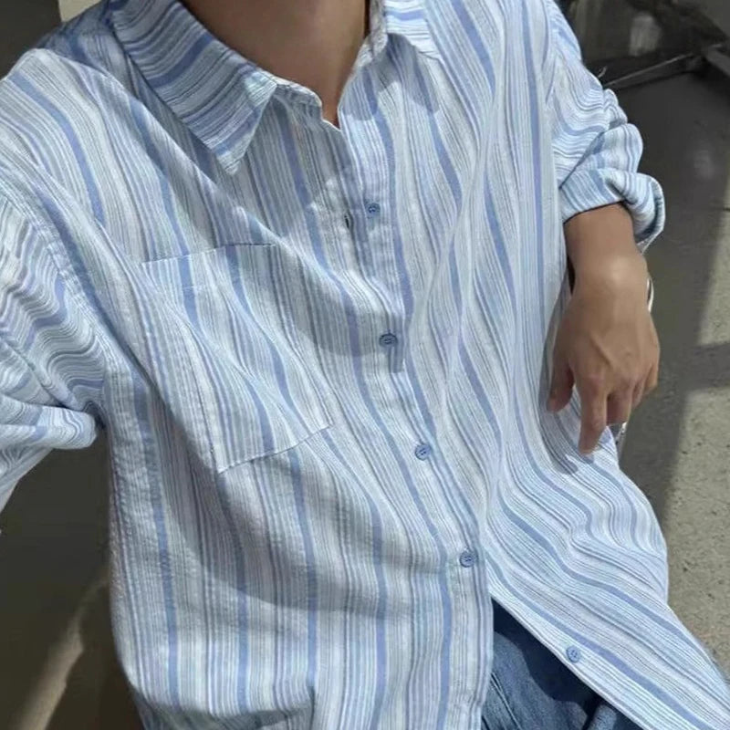 Riolio New Japanese Vintage Men Striped Shirts Luxury Casual Trendy Long Sleeve Cardigan Tops Fashion Leisure Macaron Sunscreen Blouse