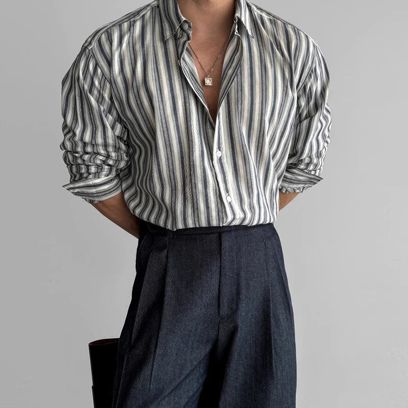 Riolio New Naples Business Men Shirts Light Luxury Textured Lapel Striped Long Sleeve Cardigan Leisure Premium Commuter Blouse M-2XL