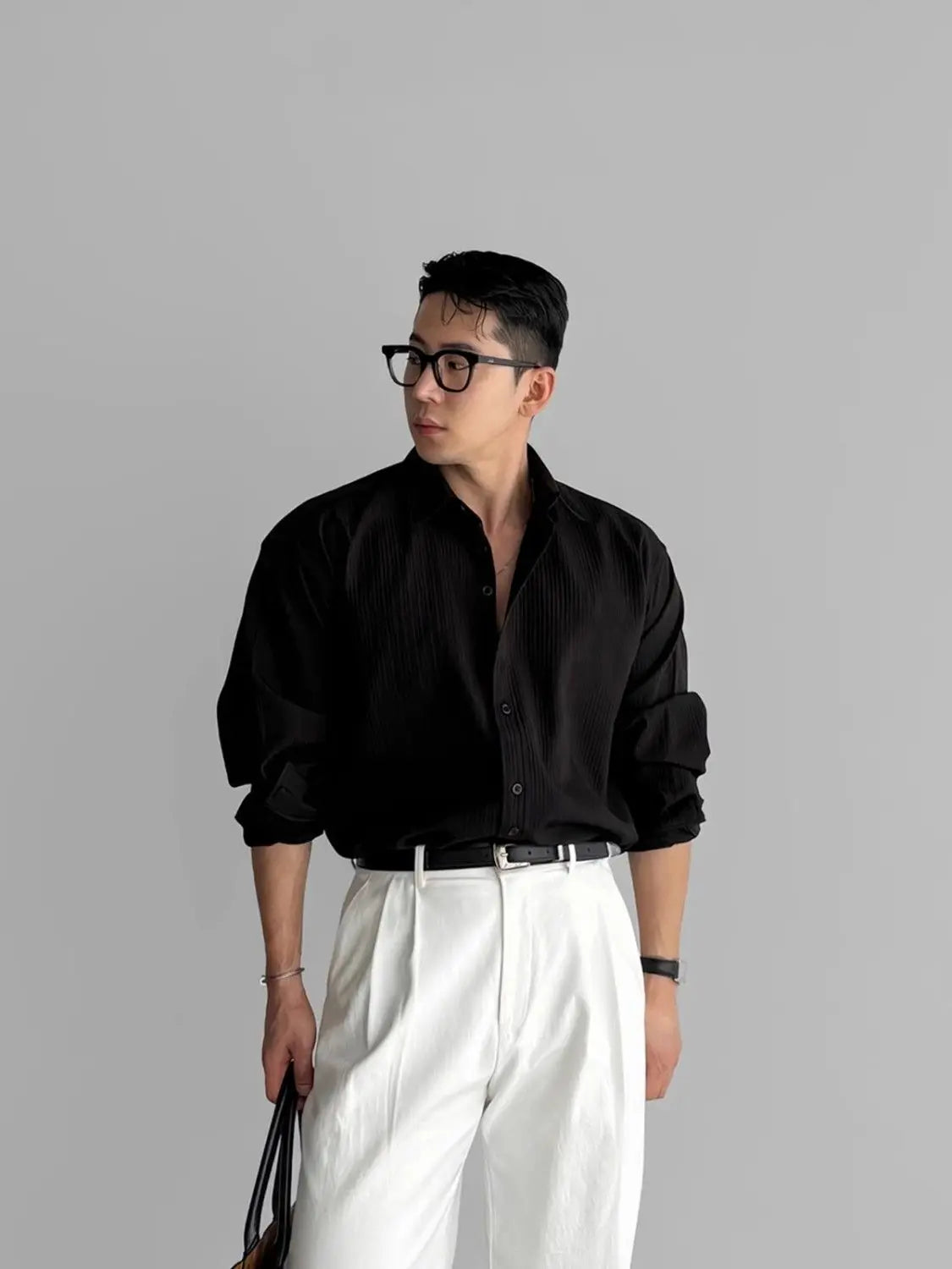 Riolio Lapel Pit Stripe Texture Long Sleeve Shirt Men's Casual Business Shirt High-end Drapery Light Versatile Top Male Blouse