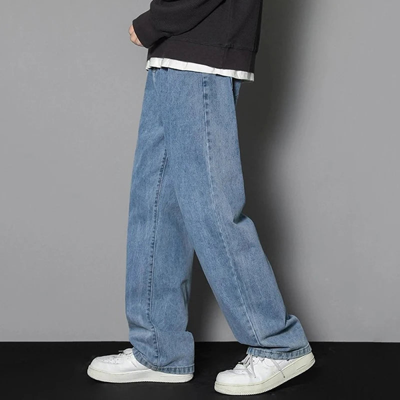 Riolio Men Simple Straight Leg Casual Jeans Male Baggy Korean Streetwear Denim Pants Basic Youth Popular Daily Wide Leg Denim Trousers
