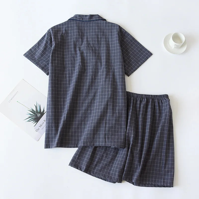 Riolio Men's Shorts Pajamas Suit for Summer Thin Short-sleeved Shorts Cotton Simple Plaid Design Pantalon Pijama Hombre Mens Sleepwear
