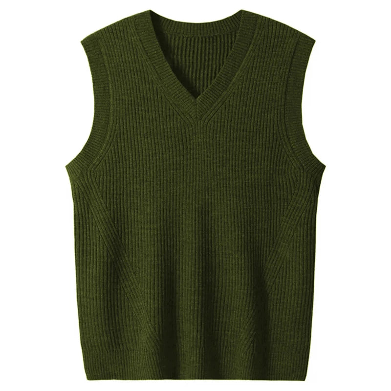 Riolio New Popular Preppy Style Men Sweater Vest Casual Knitted Streetwear Solid Color V Neck Waistcoat Leisure High Quality Knitwear