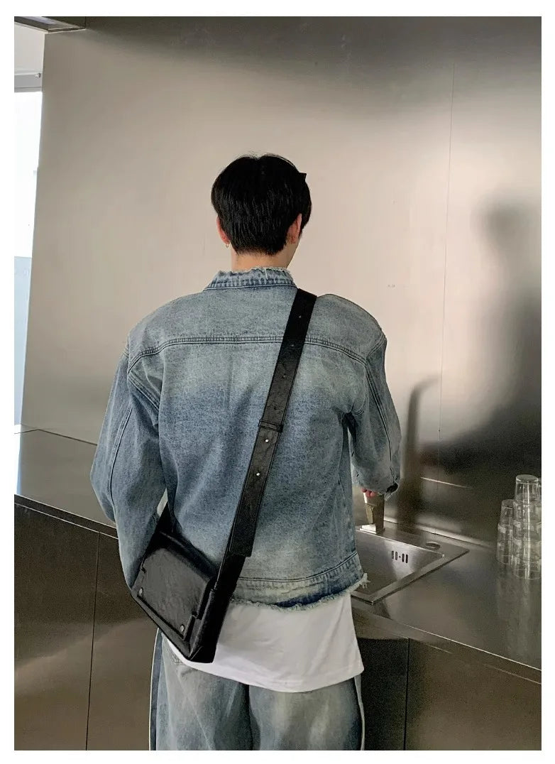 Riolio Autumn Denim Set Men Denim Jacket +Wide Leg Straight Jeans Casual Loose Solid Color Korean Style Street Stand Collar 2pcs Suit