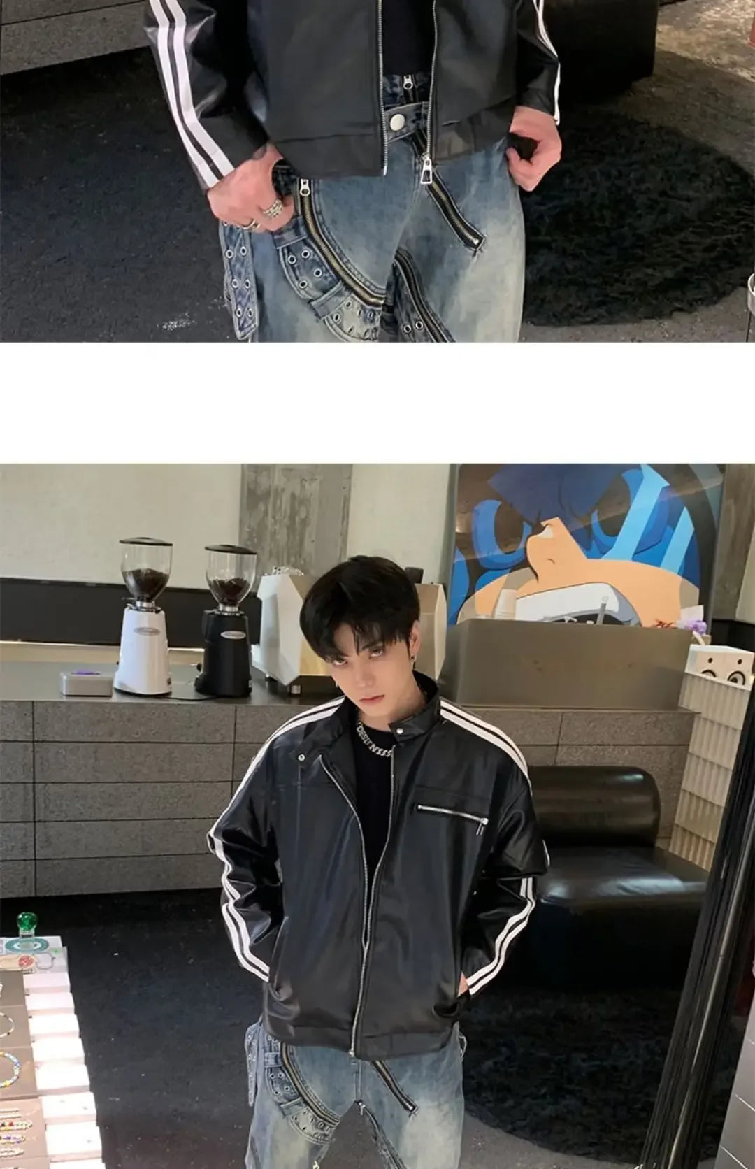 Riolio Retro Leather Jacket Men Women  American Patchwork Strip Racing Outerwear Loose Hip Hop Zippers Brown PU Coat Streetwear Spring
