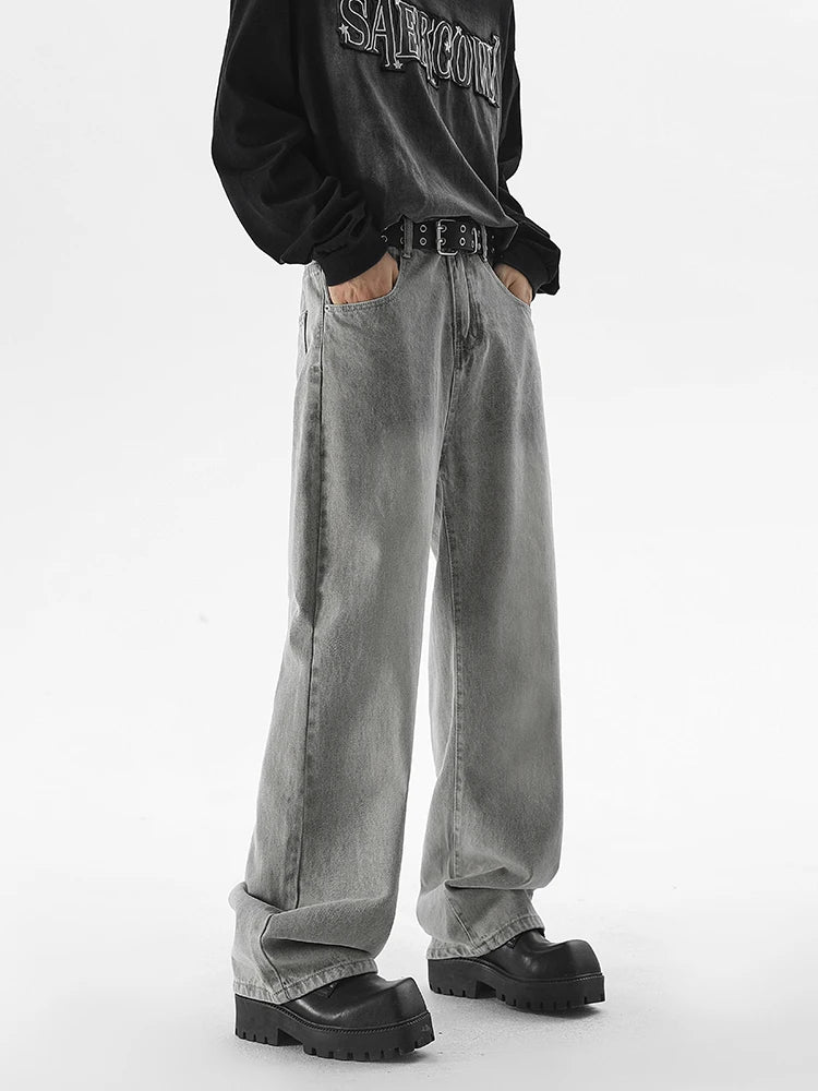 Riolio Autumn New Men's Fashion Baggy Jeans Gray Vintage High Street Wide Legs Denim Trousers Male Casual Straight Pants Streetwear