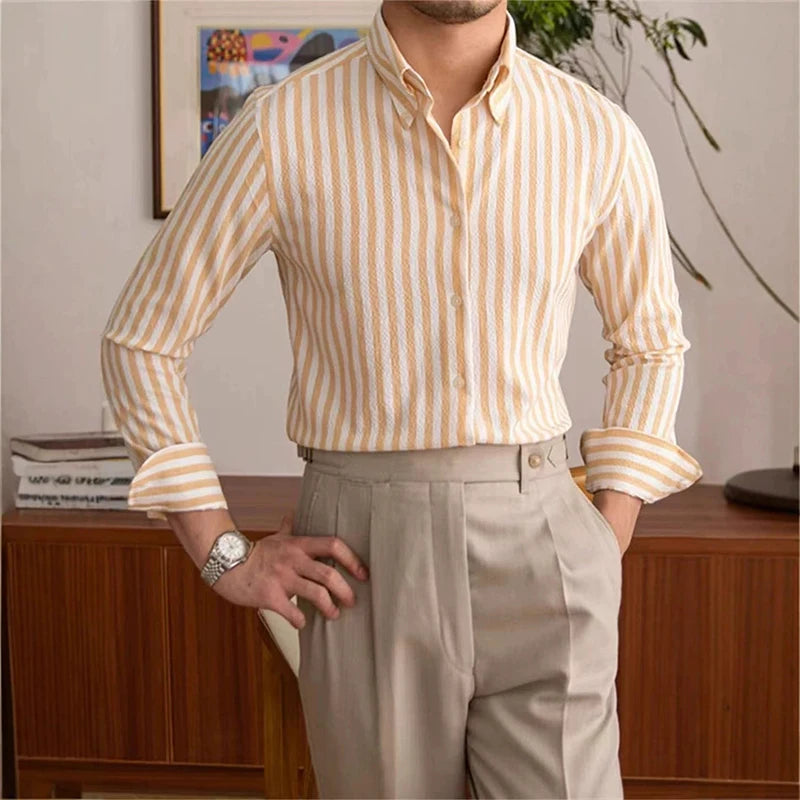 Riolio New Naples Business Men Shirts Light Luxury Textured Lapel Striped Long Sleeve Cardigan Leisure Premium Commuter Blouse M-3XL