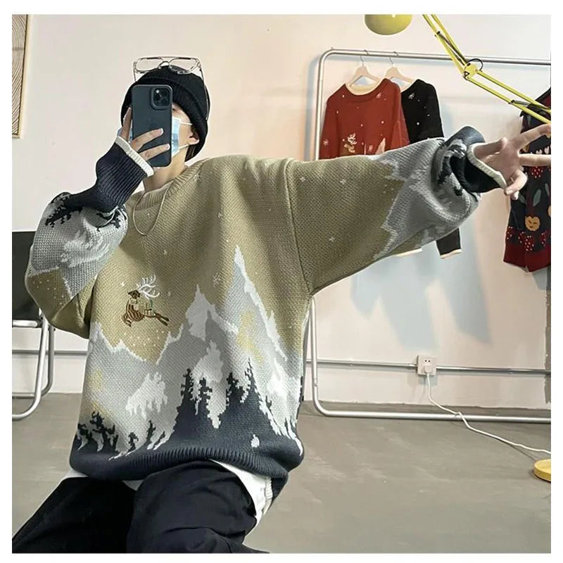 Riolio Christmas Sweater Funny Elk Harajuku Streetwear Men Women Sweaters Couple Autumn Winter Knitwear Pullover Warm Sweatshirt Men