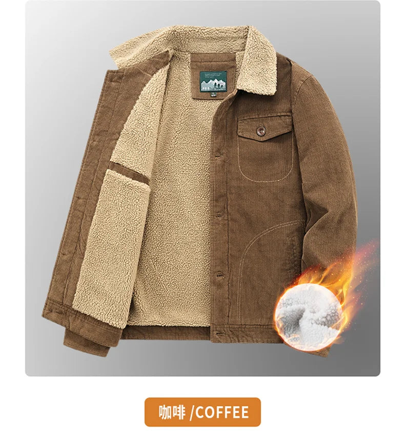 Riolio Winter Mens Jacket Warm Corduroy Jackets and Coats Fur Collar Winter Casual Coats Outwear Male Thermal Cotton Jacket Streetwear