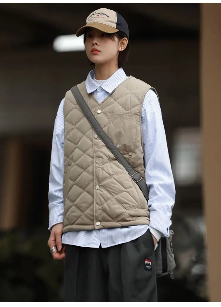 Riolio Cotton-layered Fashionable Vest Men with Autumn Winter Simple Casual Light Heated Inner Vest Cardigan Work Vest Top Aesthetic