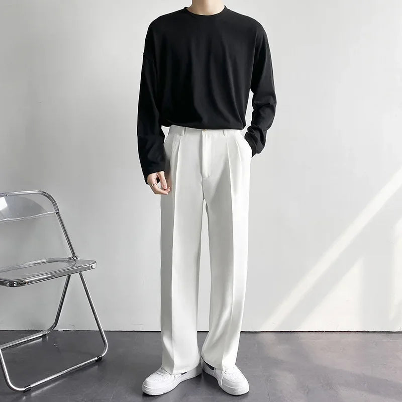 Riolio New Men White Straight Pants Fashion Korean Loose Suit Trousers Casual Draped Baggy White Wide Pant Male Streetwear